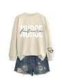 Flat lay of cream sweatshirt with future NURSE print and frayed denim shorts set - Sand Sweatshirt (Black Text)