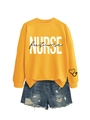 Detail of yellow Future Nurse sweatshirt with blue distressed denim shorts set - Yellow Sweatshirt (Black Text)