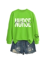 Detail of green nurse sweatshirt with future text and distressed denim shorts - Neon Green Sweatshirt (Black Graphic)