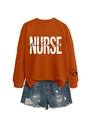 Detail of orange sweatshirt with NURSE future print and heart stethoscope sleeve design - Burnt Orange Sweatshirt (Black Graphic)