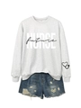 Macro detail of Nurse Future gray sweatshirt print with denim shorts ensemble - Off-white Sweatshirt (Black Graphic)