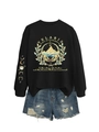 Detail of Velaris hoodie with mountain print and denim shorts on white background - Black