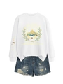 Flat lay of Velaris white sweatshirt with starlinght print and ripped denim shorts - White