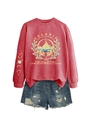 Detail of Velaris City of Starlight print on rust crewneck sweatshirt with denim shorts - Red