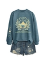 Detailed view of Velaris City of Starlight teal sweatshirt and distressed denim shorts set - Blue