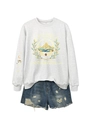 Detail of Velaris City of Starlight light gray sweatshirt and blue distressed denim shorts - Off-White