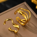 Golden liquid metal style irregular wavy open ring set with high-gloss polished finish - Two-Piece Set / Gold Style (C6187)