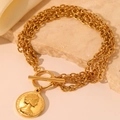 Vintage gold layered chain bracelet with OT clasp and Queen Elizabeth II coin pendant - Coin Pendant Style (C687) / Gold