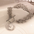 Silver multi-layer chain bracelet with OT clasp and Queen Elizabeth II coin pendant - Coin Pendant Style (C688) / Silver