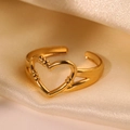 Minimalist 18k gold plated stainless steel open ring with hollow heart and textured detail - Golden Heart Style (C3361)