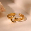 Adjustable golden stainless steel ring featuring a crescent moon and chain link design - Gold Crescent Moon Chain Design (C3369)