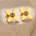 Gold clover flower earrings in stainless steel on a beige stone base for women - Four Leaf Clover Flower Style (N6493) / Gold