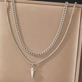 Double-layered silver necklace with curb chain, snake chain, and geometric cone pendant - Silver Style (C3222)