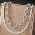 Dual layer silver tone set with herringbone snake chain and thick textured links - Silver Layered Style (N3724)