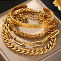 Set di quattro bracciali in acciaio inossidabile placcato oro 18K con maglia a catena cubana - Oro (N8961)