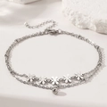 Double-layer silver stainless steel daisy anklet with five small flower charms and beads - Silver Style (B4248)