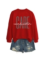 Flat lay of a red sweatshirt with CARE coordinator print and distressed denim shorts - S / Bright Red (White Print)