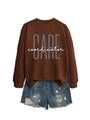 Detail of loose brown sweatshirt with CARE coordinator print and distressed denim shorts - Coffee (White Print)