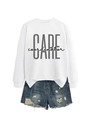 Detail of white cotton sweatshirt with text print and distressed denim shorts set - White (Black Print)