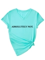 Detail van lichtblauw T-shirt met V-hals, Absolutely Not-opdruk en knoopdetail aan de zoom - S / Knoopzoom Stijl (3812) / Lichtblauw (Zwart Lettertype)