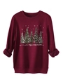Detailansicht des dunkelroten Plüsch-Sweatshirts mit Winter Wonderland Print und Rippbündchen - S / Burgunderrot