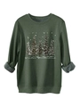 Detail eines dunkelgrünen Winter-Hoodies mit dickem grauem Fleece-Futter und Wald-Print - S / Armeegrün