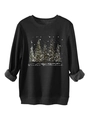 Detail of Winter Wonderland forest print on a thick black fleece-lined sweatshirt - Black