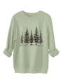 Detail of light green sweatshirt with stylized pine trees and Winter Wonderland print - Olive Green
