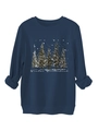 Detail of navy sweatshirt with winter wonderland pine tree print and ribbed cuffs - Navy Blue