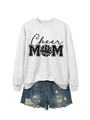 Détail du sweat Cheer Mom avec short en jean délavé et bords francs effilochés - Sweat-shirt Blanc Cassé (Imprimé Noir)