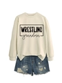 Detail of the WRESTLING grandma print on a creamy white casual long sleeve sweatshirt - Sand (Black Font)