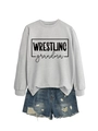 Detail of light grey sweatshirt with Wrestling Grandma print and distressed blue denim shorts - Grey (Black Font)