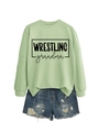 Detailed flat lay of a sage green crewneck sweatshirt with WRESTLING grandma graphic print - Olive Green (Black Font)