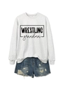 Detail of light grey drop shoulder sweatshirt with Wrestling Grandma text and denim shorts - Off-White (Black Font)