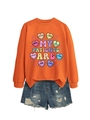 Dettaglio felpa arancione con stampe a cuore e pantaloncini di jeans in stile vintage - S / Arancione