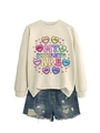 Detailed flat lay of a beige sweatshirt with inspirational heart graphics and denim shorts - Sand