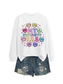 Detail of white sweatshirt with MY PATIENTS ARE FIGHTERS heart print and denim shorts - White