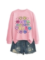 Detail of pink crewneck sweatshirt with heart graphics and blue ripped denim shorts - Pink