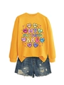 Detail of yellow long sleeve sweatshirt with colorful heart print and denim shorts set - Yellow