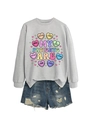 Flat lay of gray long-sleeve sweatshirt with colorful heart and denim shorts set - Gray