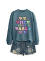 Flat lay of a teal crewneck sweatshirt with heart graphics and denim shorts set - Blue