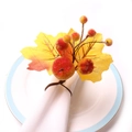 Autumn napkin ring with yellow maple leaf and frosted berry clusters on white linen - Frosted Gradient Berries and Yellow Maple Leaf Style