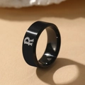 Polished black stainless steel signet ring with silver engraved letter R detail - Letter R