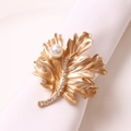Golden maple leaf napkin ring with pearl and rhinestones for elegant table decor - Gold