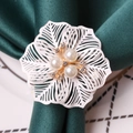 Elegant white hollow flower napkin ring with pearls on green satin napkin and white plate - Hollow Flower Style (ZWZ-PNR-056)