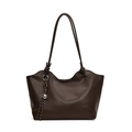 Bolso tote marrón oscuro en cuero sintético mate con borde ondulado y colgante plata - Marrón