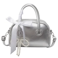 Silver bowling bag with metallic finish featuring pearl charms and silk bow details - Silver
