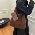 Brown teddy fleece tote bag with leather straps and matching small pouch for winter style - Brown