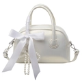 Chic pearlescent white bowling bag with large satin bow and pearl bead charm - Off-white
