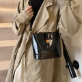 Glänzende schwarze Beuteltasche mit goldener Schnalle, getragen von einem Modell - Schwarz